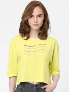 Vero Moda Women Green Typography Printed Extended Sleeves T-shirt