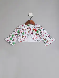 The Magic Wand Girls White & Green Printed Party Open Front Shrug