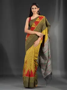 Charukriti Mustard & Green Pure Cotton Saree