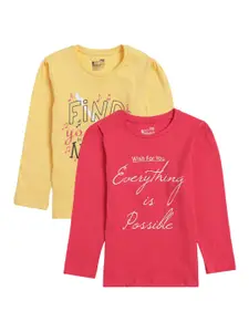 PROTEENS Girls Fuchsia & Yellow Set Of 2 Typography Printed T-shirt