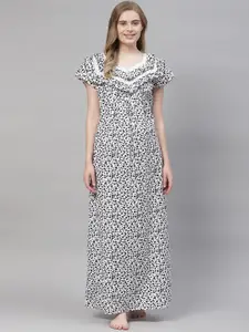 Vemante Women Black & White Pure Cotton Conversational Printed Maxi Nightdress