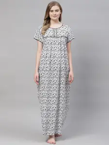 Vemante Women Black & White Pure Cotton Ethnic Printed Maxi Nightdress