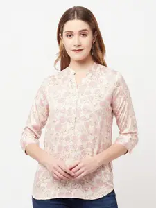 Crimsoune Club Women Cream-Coloured & Pink Floral Printed Shirt Style Top