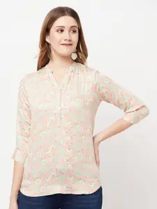 Crimsoune Club Pink & Green Floral Printed Shirt Style Top