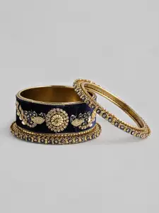 AccessHer Set Of 6 Gold-Plated Navy Blue Stone-Studded Bangles
