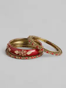 AccessHer Set Of 6 Gold-Plated Red Stone Studded Bangles