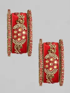 AccessHer Set Of 6 Gold-Plated  Pink Stone-Studded Bangles
