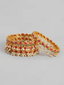 AccessHer Set Of 4 22KT Gold-Plated  White Stone-Studded Beaded Bangles