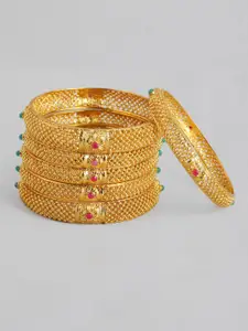AccessHer Set of 6 Gold-Plated Pink & Green Stone Studded Bangles
