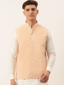 Jompers Men Orange & White Embroidered Woven Pure Cotton Nehru Jacket