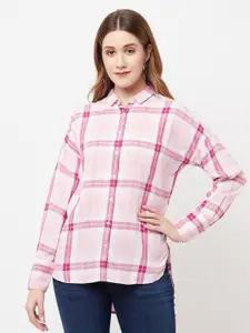 Crimsoune Club Women Pink & White Tartan Checked Casual Shirt