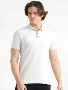 United Colors of Benetton Men Off White Polo Collar Cotton T-shirt