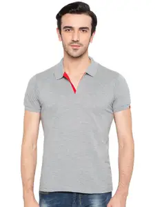 Status Quo Men Grey Polo Collar Slim Fit Cotton T-shirt