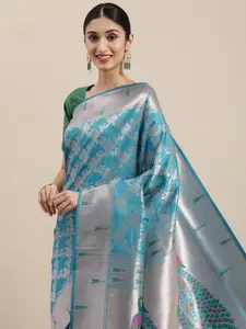 Mitera Blue & Silver Zari Woven Design Paithani Saree