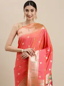 Mitera Peach-Coloured & Golden Zari Woven Design Paithani Saree