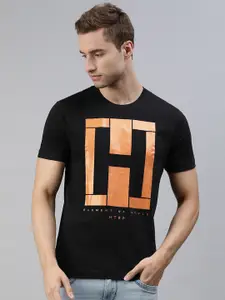 Huetrap Men Black & Orange Printed Pure Cotton T-shirt
