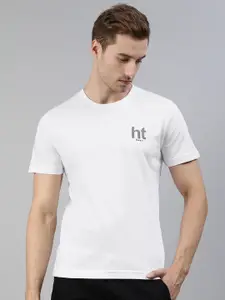 Huetrap Men White Brand Logo Printed Pure Cotton T-shirt