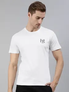 Huetrap Men White Brand Logo Printed Pure Cotton T-shirt