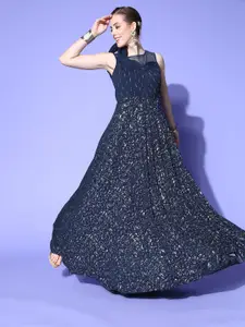 Chhabra 555 Women Navy Blue Embellished Georgette Maxi Dress