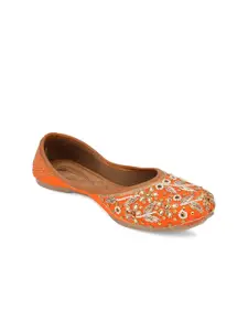 DESI COLOUR Women Orange Embellished Ethnic Mojaris Flats