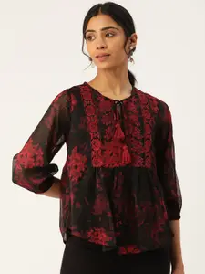 Antheaa Women Black & Red Floral Print Tie-Up Neck Top