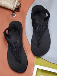 Solethreads Women Black Embellished T-Strap Flats