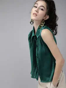 The Dry State Green Accordion Pleats Satin Shirt Style Top