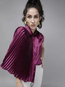 The Dry State Purple Accordion Pleats Satin Shirt Style Top