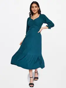 AND Teal Green Puff Sleeves Georgette A-Line Midi Dress
