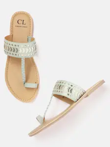 Carlton London Women Mint Green Textured Leather Ethnic One Toe Flats with Laser Cuts