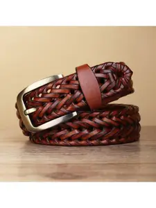 Kastner Men Brown Braided Casual Leather Belt with Tang Buckle