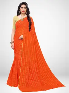 KALINI Orange & Gold-Toned Checked Chiffon Zari Saree