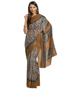 KALINI Grey & Brown Ethnic Motifs Silk Blend Saree