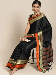 KALINI Black & Orange Zari Art Silk Uppada Saree