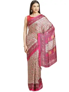 KALINI Beige & Pink Floral Printed Silk Blend Saree