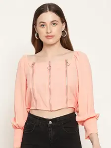 Miaz Lifestyle Peach-Coloured Solid Cuffed Sleeves Crop Top