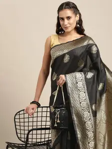 Leeza Store Black & Golden Ethnic Motifs Zari Silk Blend Banarasi Saree