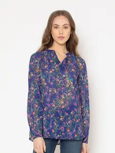 SHAYE Blue & Pink Floral Print Mandarin Collar Georgette Shirt Style Top