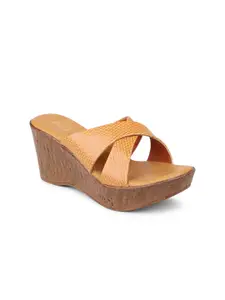 Inc 5 Tan Textured Open Toe Wedge Heels
