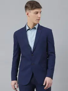 MR BUTTON Men Blue Solid Single-Breasted Slim Fit Casual Blazer