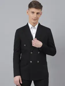 MR BUTTON Men Black Solid Double-Breasted Blazers