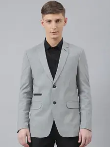 MR BUTTON Men Grey Solid Slim Fit Single Breasted Formal Blazer