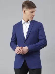 MR BUTTON Men Blue Checked Slim Fit Single Breasted Blazers