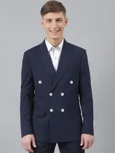 MR BUTTON Men Blue Solid Slim-Fit Double Breasted Formal Blazer