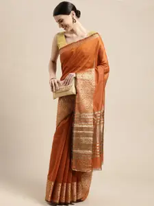 Leeza Store Orange Woven Design Zari Banarasi Saree