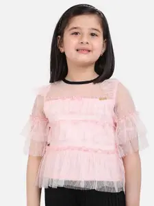 One Friday Girls Pink Self Design Pure Cotton Top