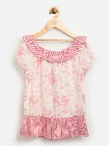 One Friday Girls Pink & White Floral Print Off-Shoulder Pure Cotton Bardot Top