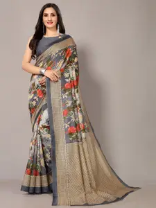 HRITIKA Grey & Orange Floral Zari Art Silk Mysore Silk Saree