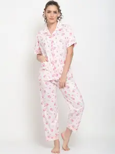 TAG 7 Women Cream-Coloured & Pink Printed Night suit