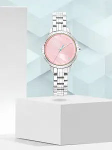 Fastrack Women Pink Brass Dial & Silver Toned Bracelet Style Straps Analogue Watch